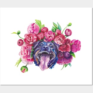 Rottweiler in peonies Posters and Art